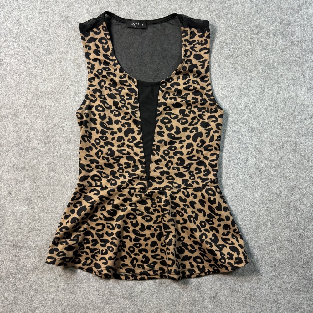 Love J Womens JT620 Peplum Top L Leopard Print Sheer Mesh Panel Sleeveless